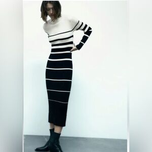 Zara Black and Cream Striped Long Sleeve Dress